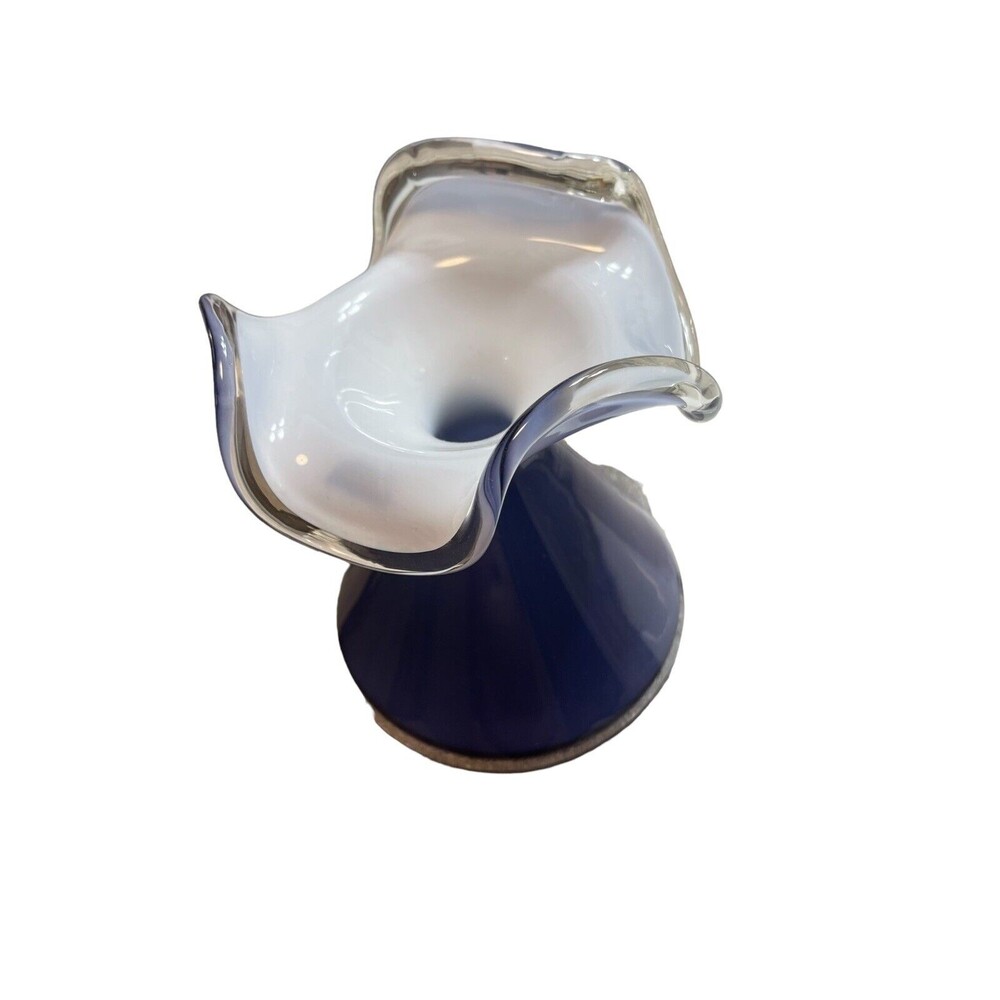 Hand Blown Cylindrical Ruffle Top Vase Blue Exterior White Interior Thick Glass